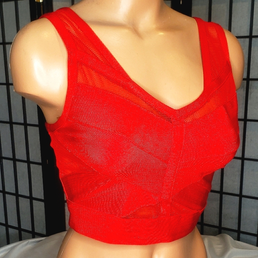 WOW Couture Red Banded mesh crop top LIKE NEW sz small